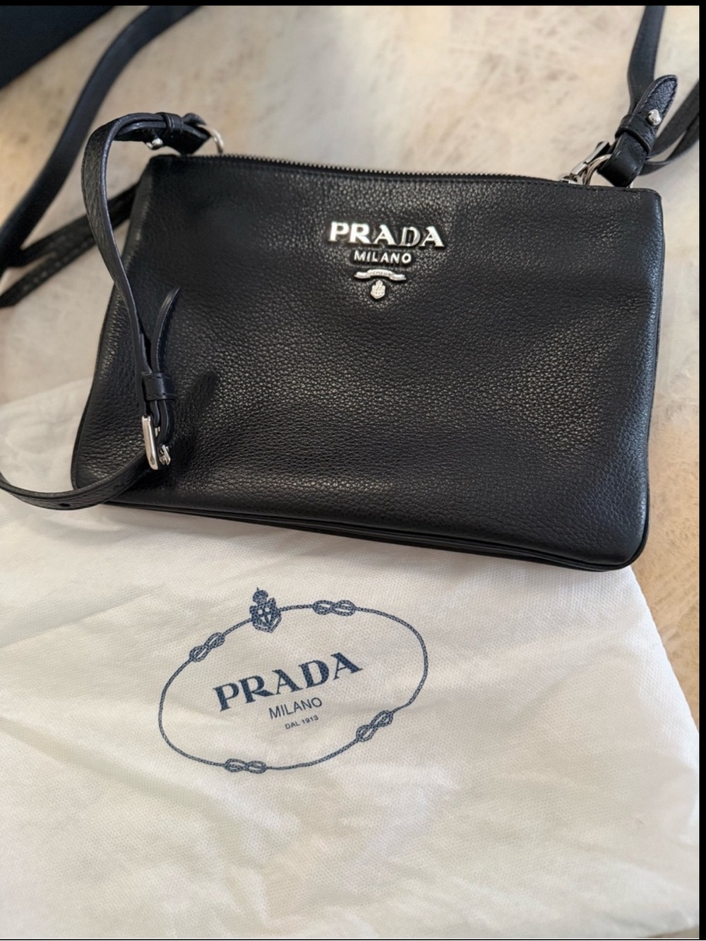 Prada Black Pebbled Leather DOUBLE ZIP GUSSET CROSSBODY BAG with Silver Logo